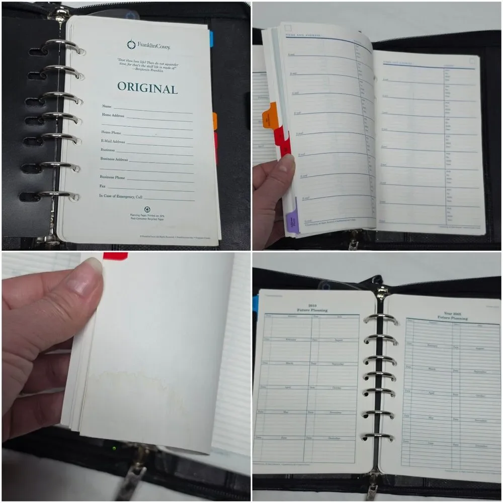 Vintage Franklin Covey 7 Rings Full Grain Nappa Black Leather Binder w/Window